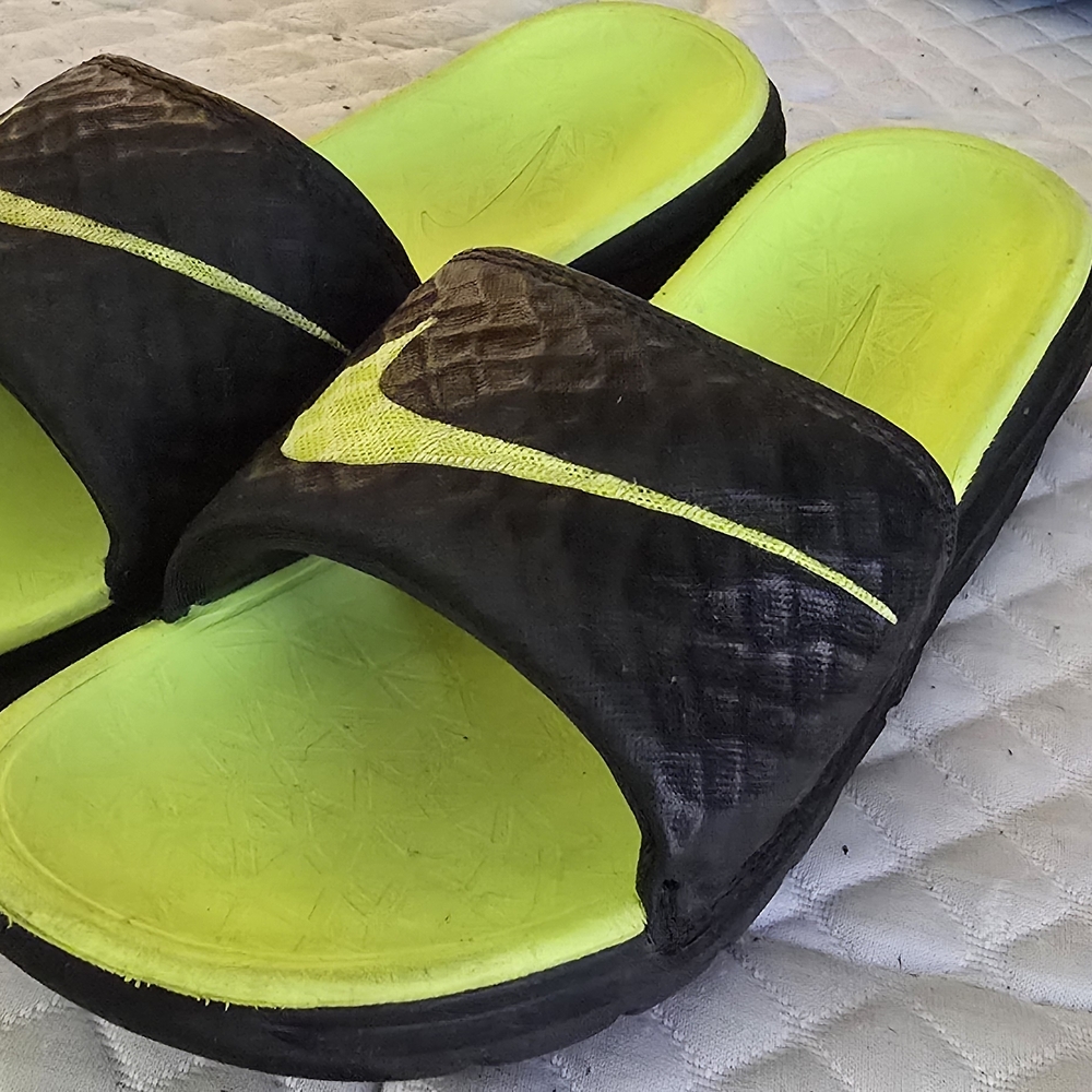 Nike Black and Neon Yellow Slides